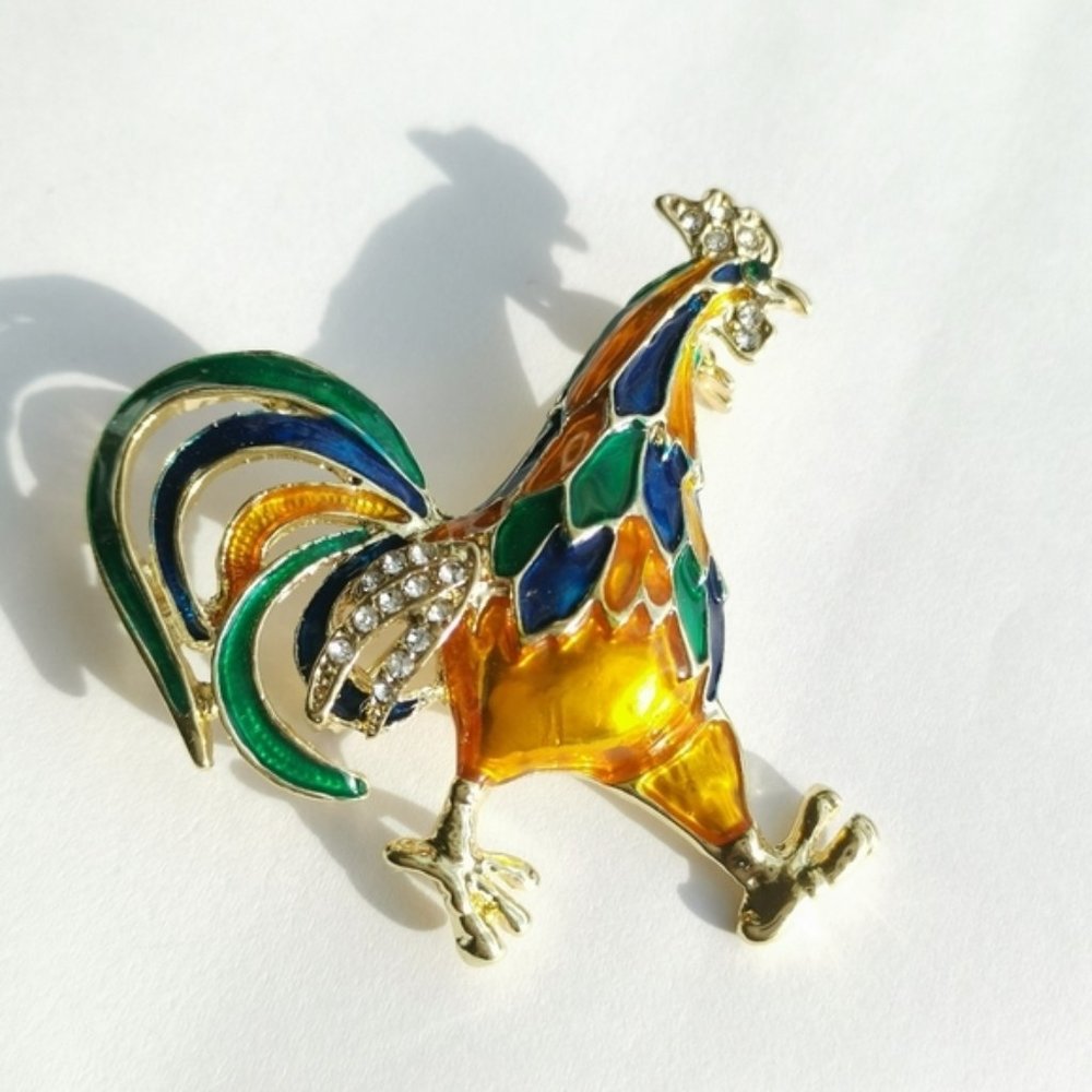 NEW, enamel crystal Rooster brooch pin